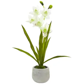 22" Artificial Cymbidium Orchid Arrangement in Vase - Low Maintenance, Life-Like & Vibrant Silk Flowers For Busy People.