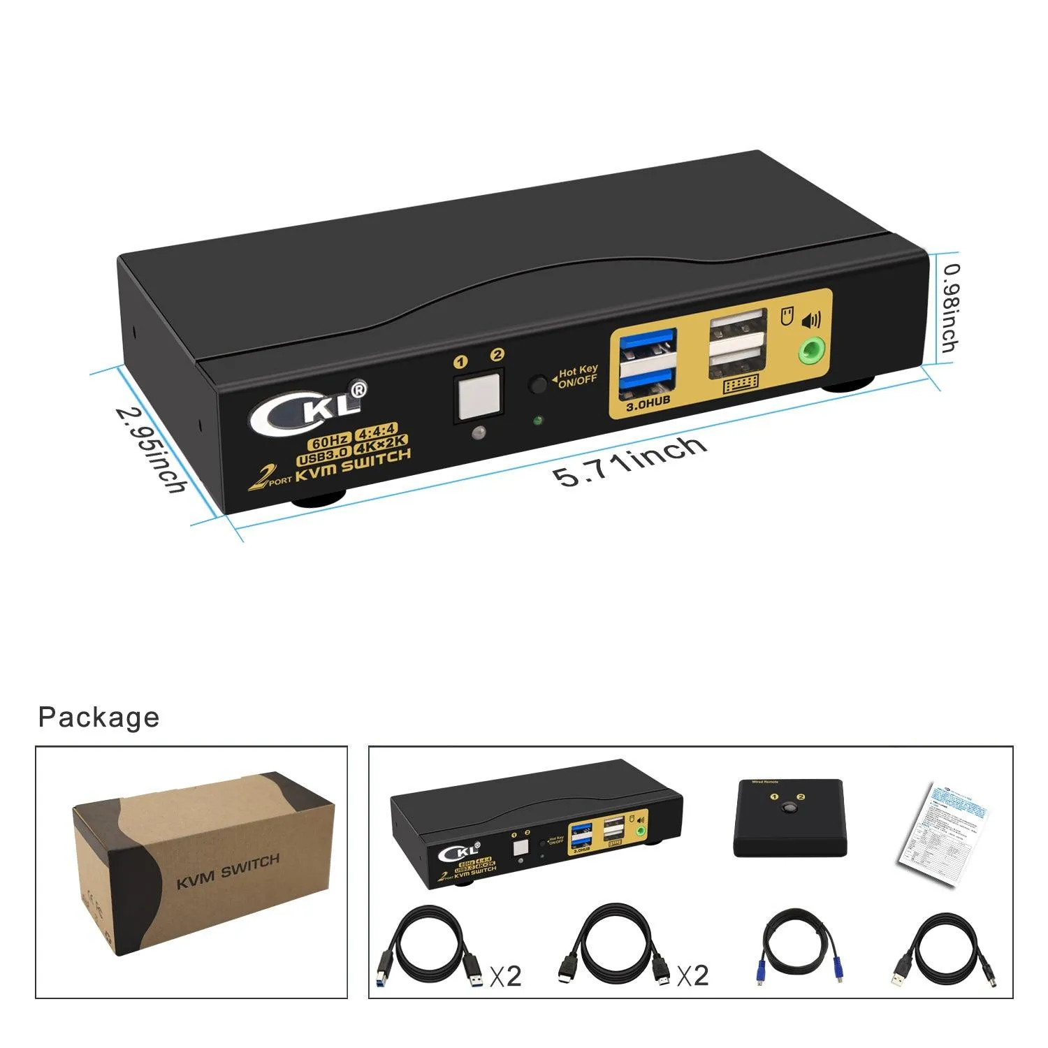 2x1 USB 3.0 KVM Switch Single Monitor HDMI 2.0 4K 60Hz CKL-62HUA-3