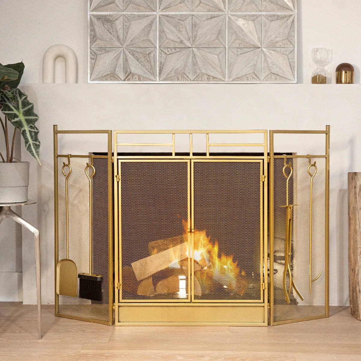 48" Fireplace Screen 3-Panel Folding Magnetic Doors With 4-Pieces Fire Place Tools Set Steel Fire Spark Guard, Gold