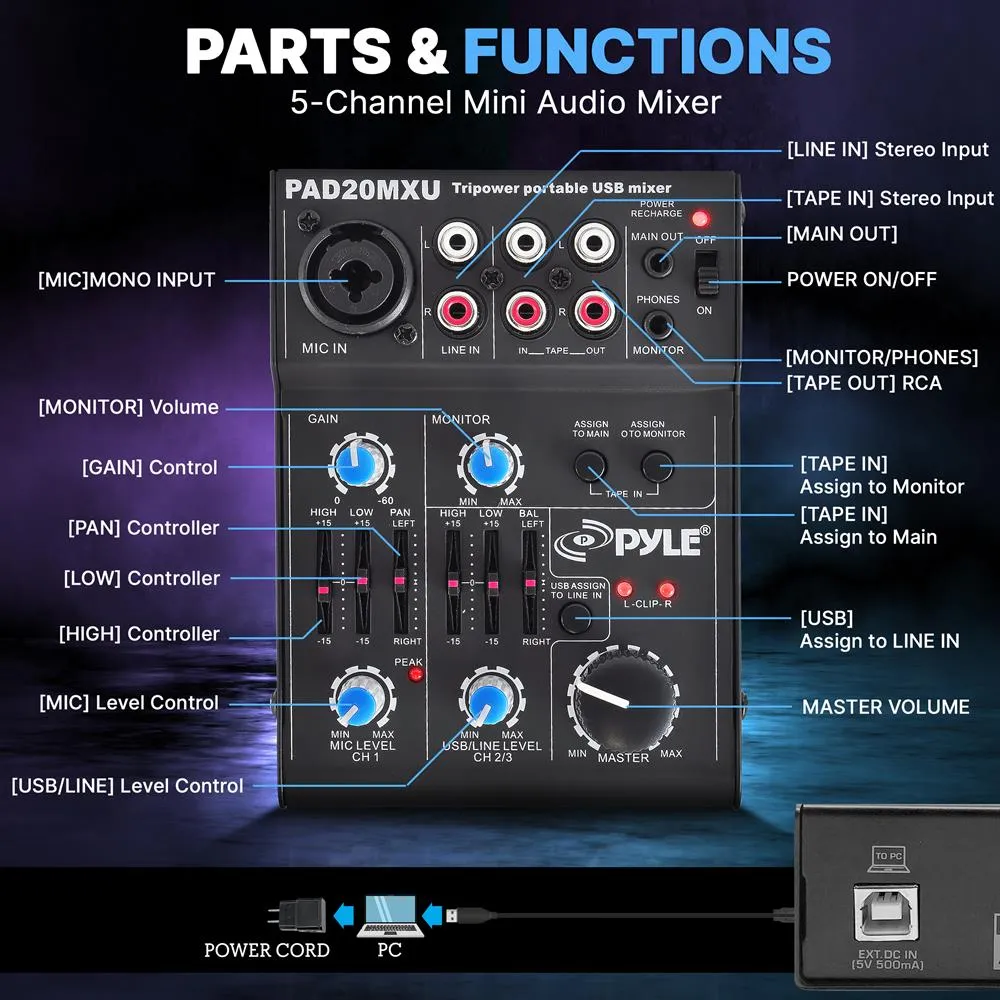 5-Channel Professional Compact Audio Dj Mixer With Usb Interface