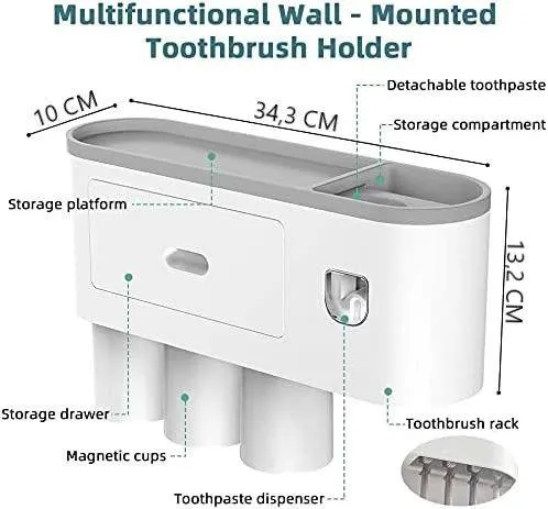 Automatic Wall Mounted Toothbrush Holder with Magnetic Cups Kids & Family Set for Bathroom (White and Gray)