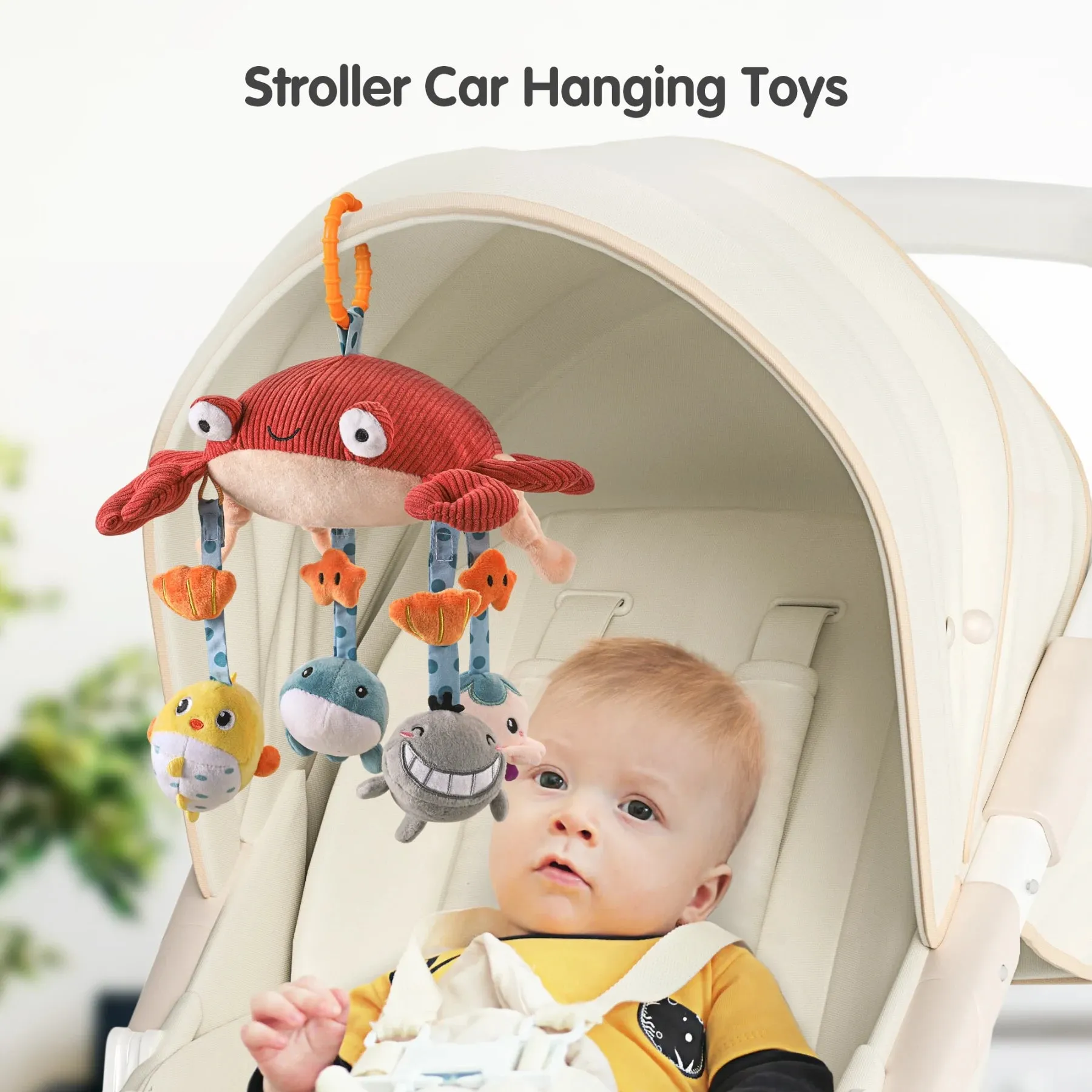 Baby toy crab hanging plush toy, crib car seat stroller cot travel toy with mirror mobile soft rattle toy for baby infant 0 Month 