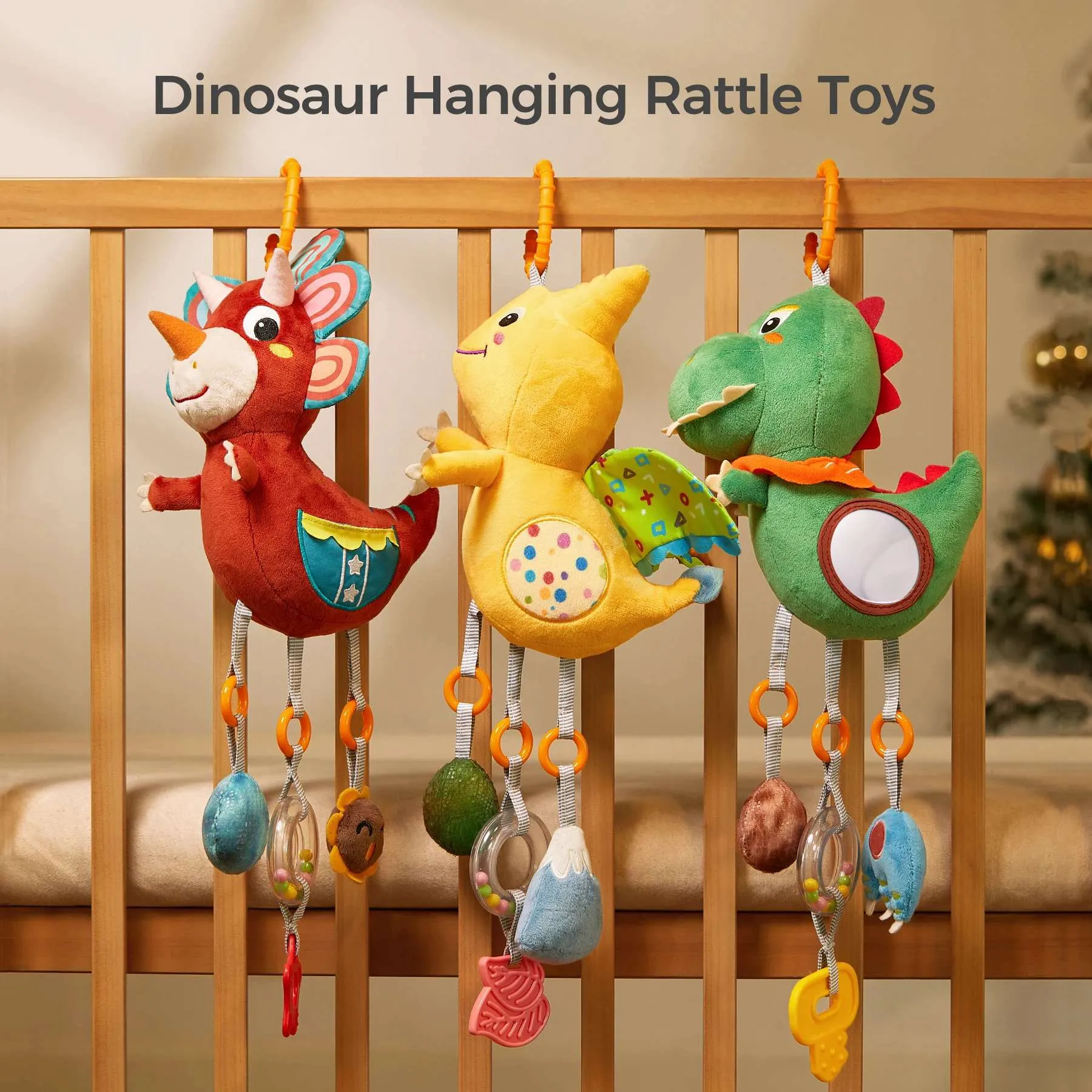 Baby toy dinosaur hanging rattle toy crinkle squeaky sensory toys with mirror and bell, car seat stroller mobile toy for newborn infant 3 Month 