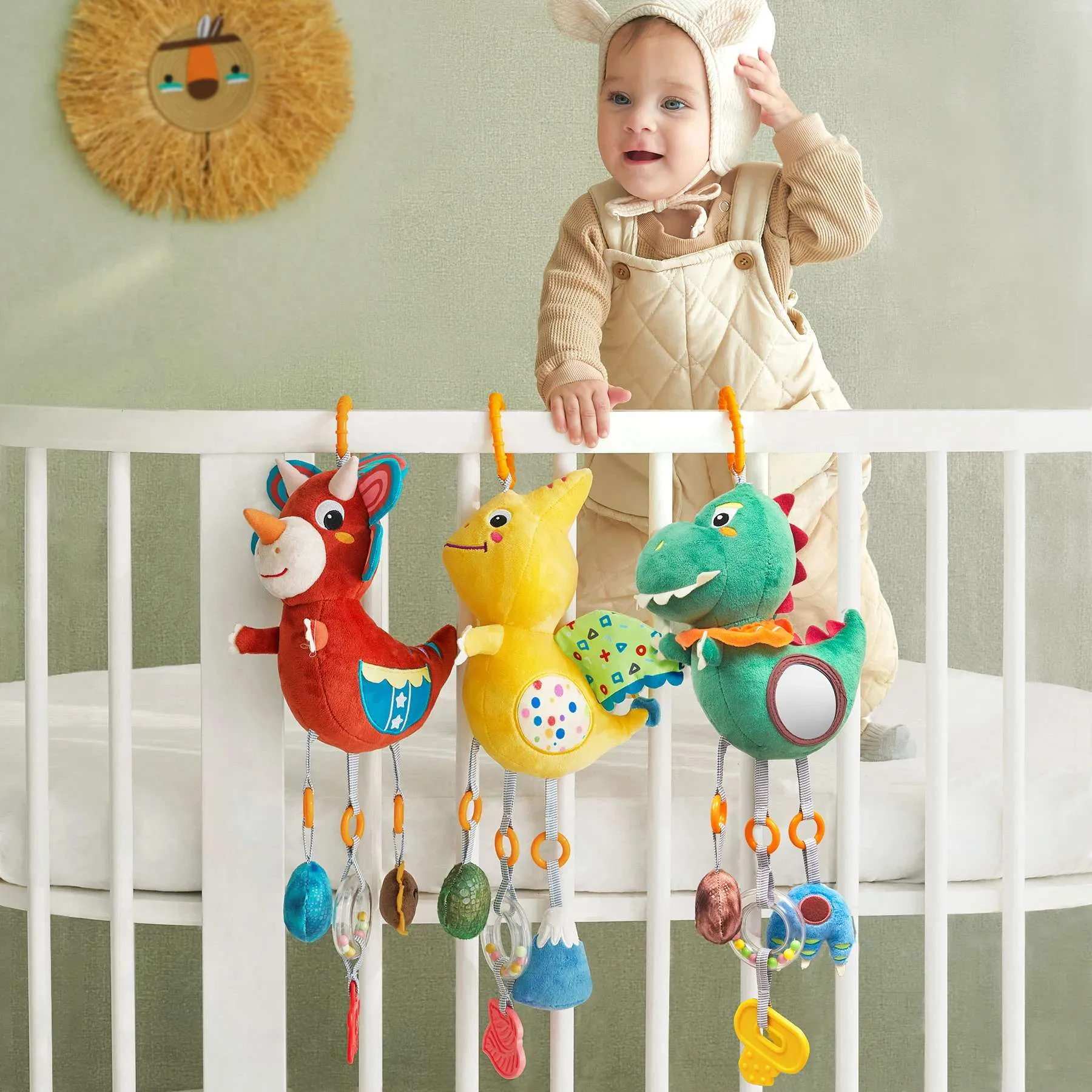 Baby toy dinosaur hanging rattle toy crinkle squeaky sensory toys with mirror and bell, car seat stroller mobile toy for newborn infant 3 Month 