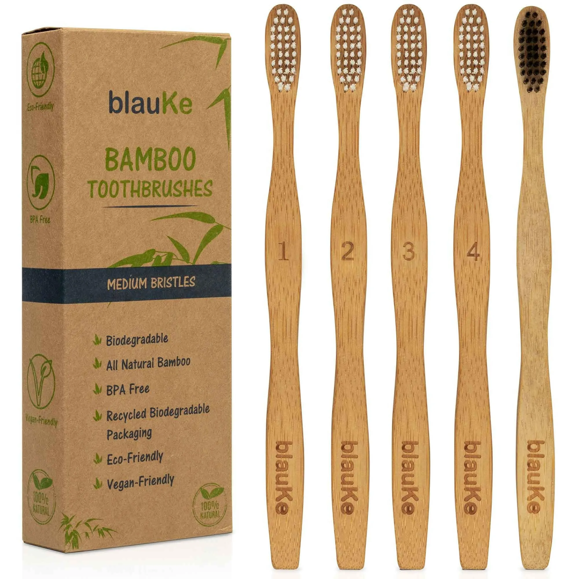 Bamboo Toothbrush Set 5-Pack - Bamboo Toothbrushes Medium Bristles