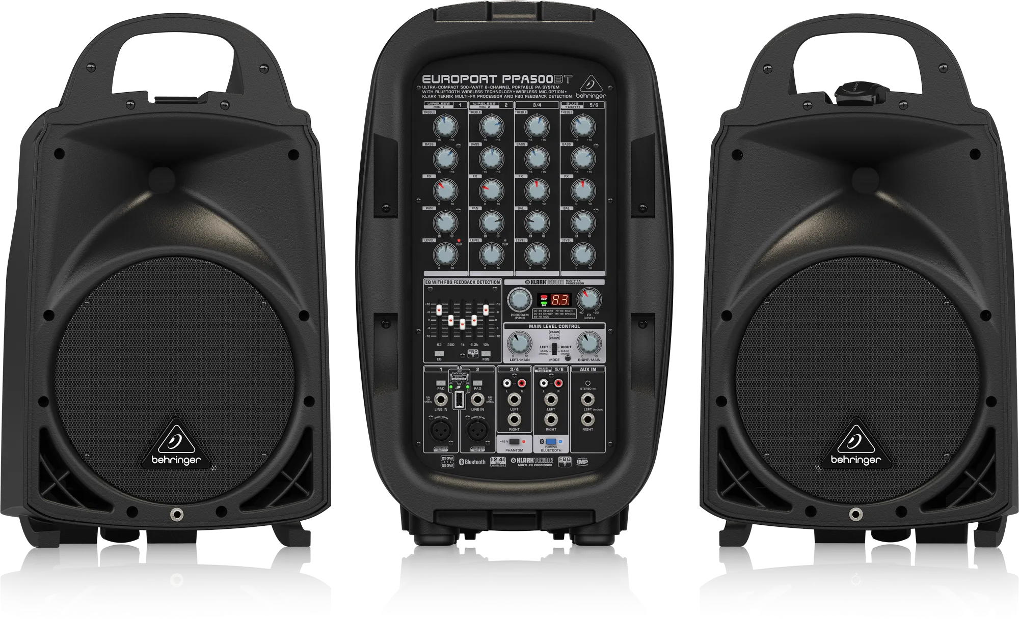 Behringer Europort PPA500BT Ultra-Compact Powered Speakers 500-Watt 6-Channel Portable PA System with Bluetooth Wireless Technology, Wireless Microphone Option, KLARK TEKNIK Multi-FX Processor and FBQ Feedback Detection