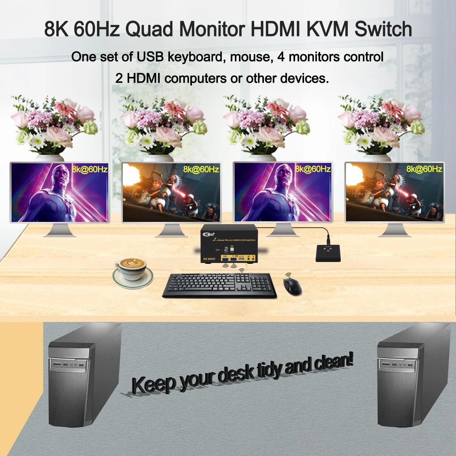 CKL 2 Port USB 3.0 KVM Switch Quad Monitor HDMI 2.1 8K 60Hz 4K 120Hz 144Hz with EDID for 2 Computers 4 Monitors (CKL-924HUA-5)