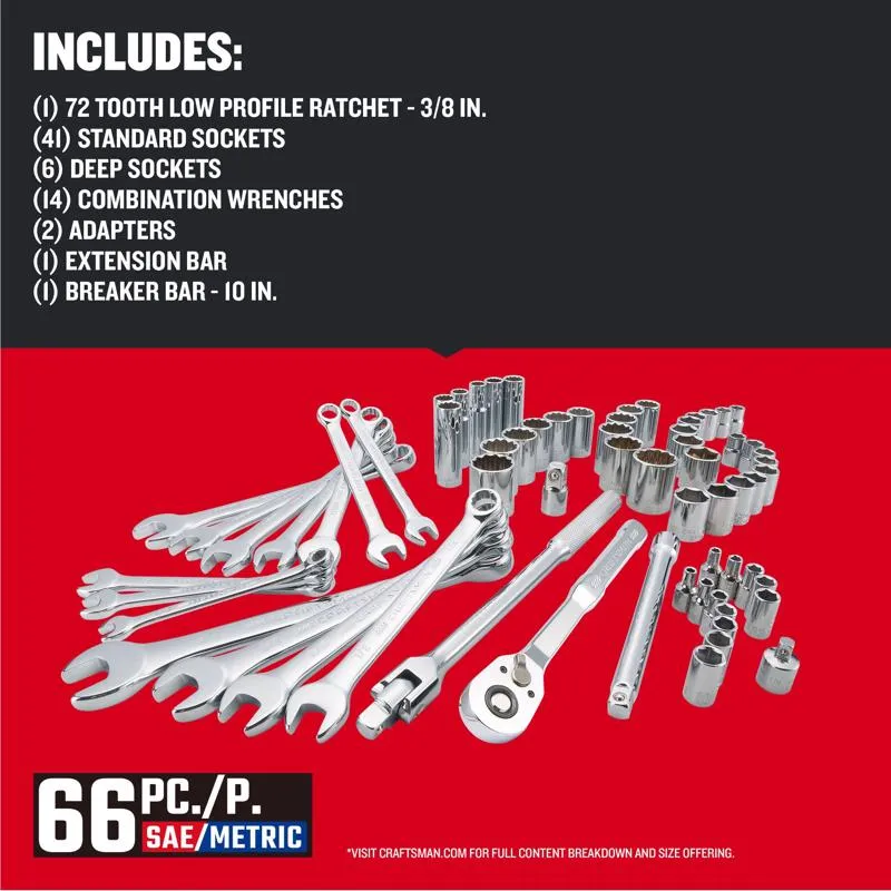 Craftsman 1/4 & 3/8 & 1/2 in. drive Metric/SAE 6 and 12 Point Mobile Mechanic's Tool Set 66 pc