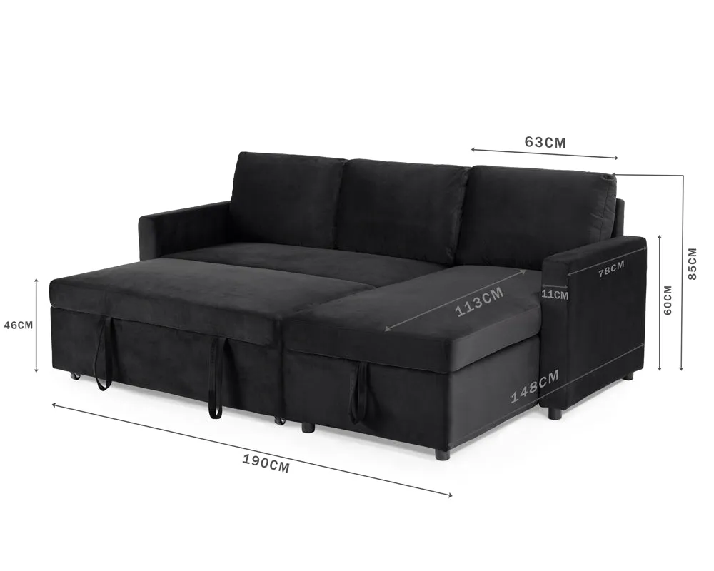 Dorset Fabric Pull-Out sofa Bed Reversible Chaise with Storage, Black Velvet