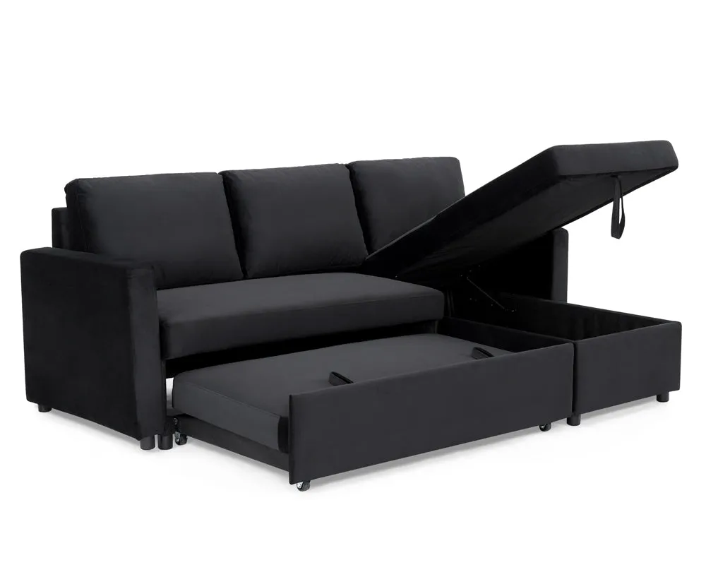 Dorset Fabric Pull-Out sofa Bed Reversible Chaise with Storage, Black Velvet