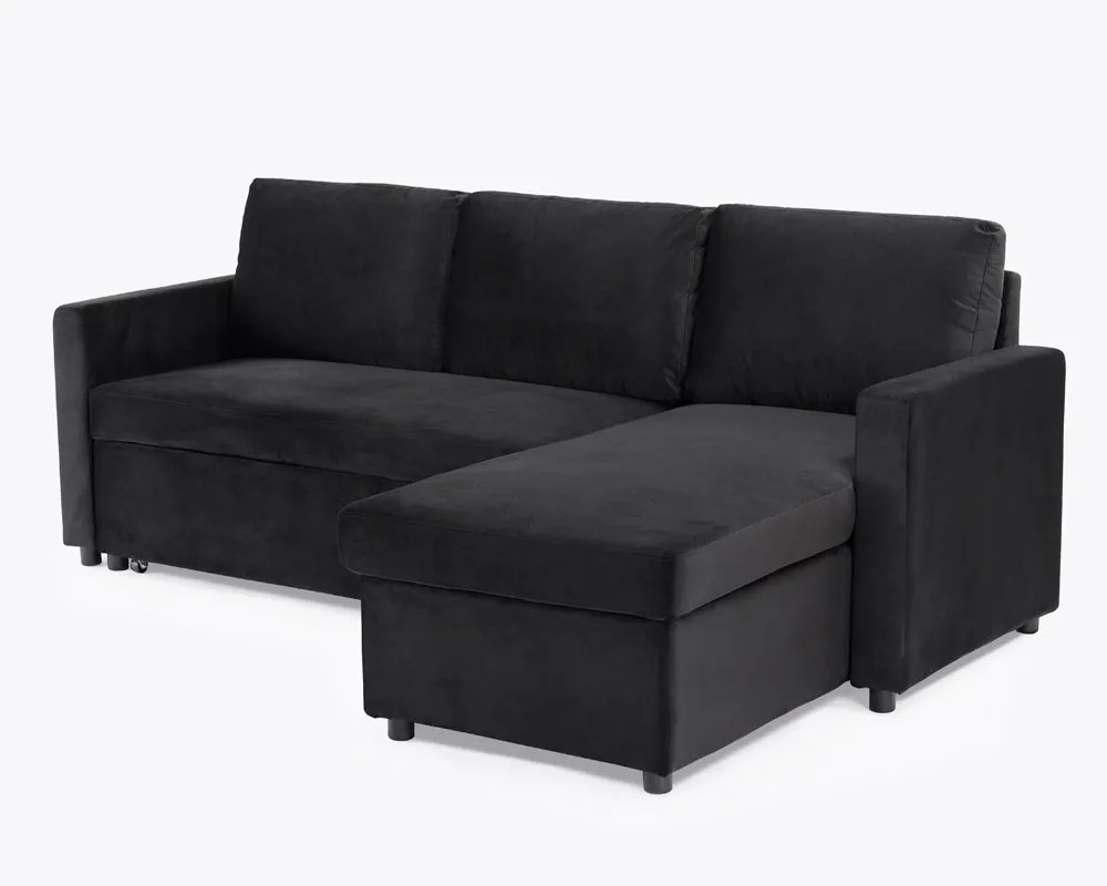 Dorset Fabric Pull-Out sofa Bed Reversible Chaise with Storage, Black Velvet