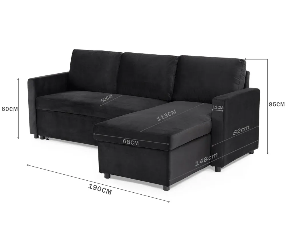 Dorset Fabric Pull-Out sofa Bed Reversible Chaise with Storage, Black Velvet