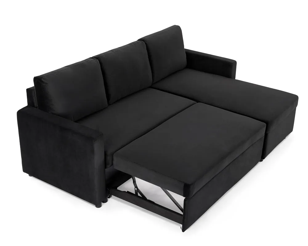 Dorset Fabric Pull-Out sofa Bed Reversible Chaise with Storage, Black Velvet