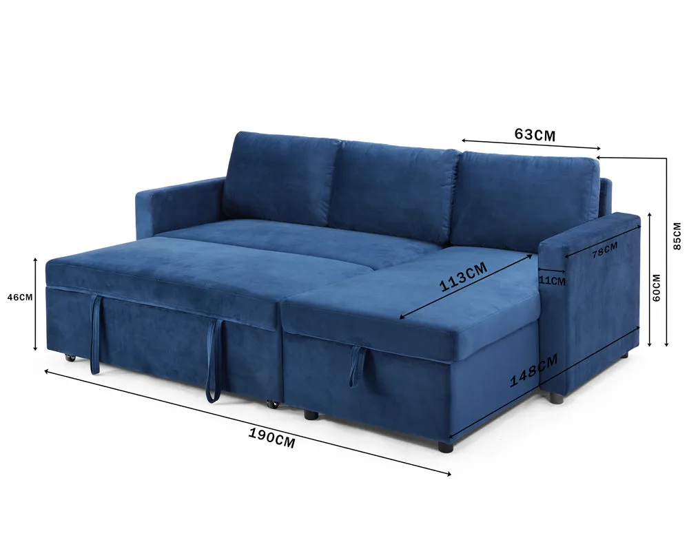 Dorset Fabric Pull-Out sofa Bed Reversible Chaise with Storage, Blue Velvet