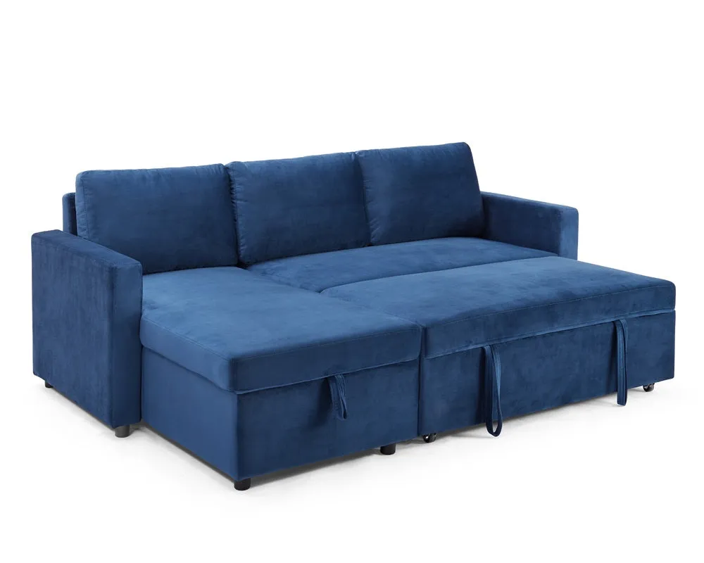 Dorset Fabric Pull-Out sofa Bed Reversible Chaise with Storage, Blue Velvet