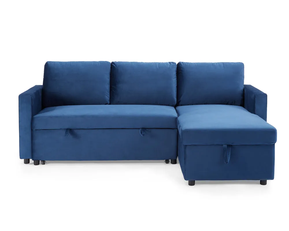 Dorset Fabric Pull-Out sofa Bed Reversible Chaise with Storage, Blue Velvet