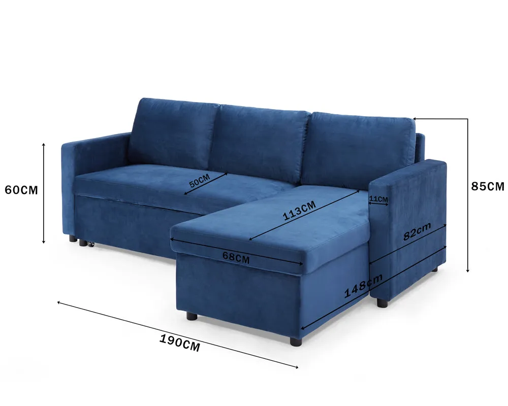 Dorset Fabric Pull-Out sofa Bed Reversible Chaise with Storage, Blue Velvet