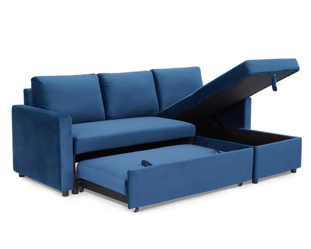 Dorset Fabric Pull-Out sofa Bed Reversible Chaise with Storage, Blue Velvet