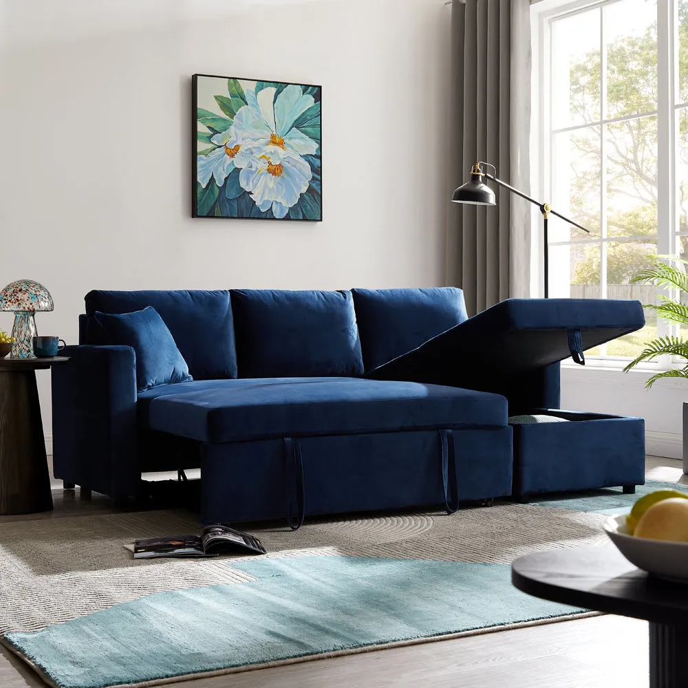 Dorset Fabric Pull-Out sofa Bed Reversible Chaise with Storage, Blue Velvet