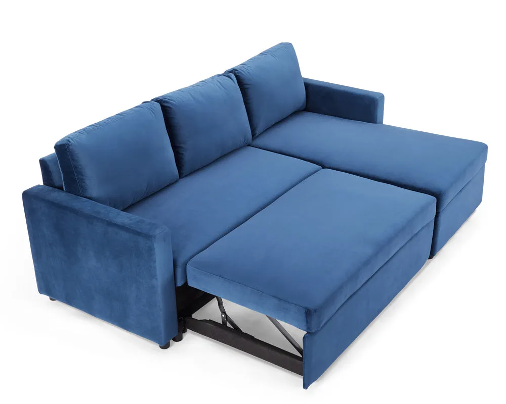 Dorset Fabric Pull-Out sofa Bed Reversible Chaise with Storage, Blue Velvet