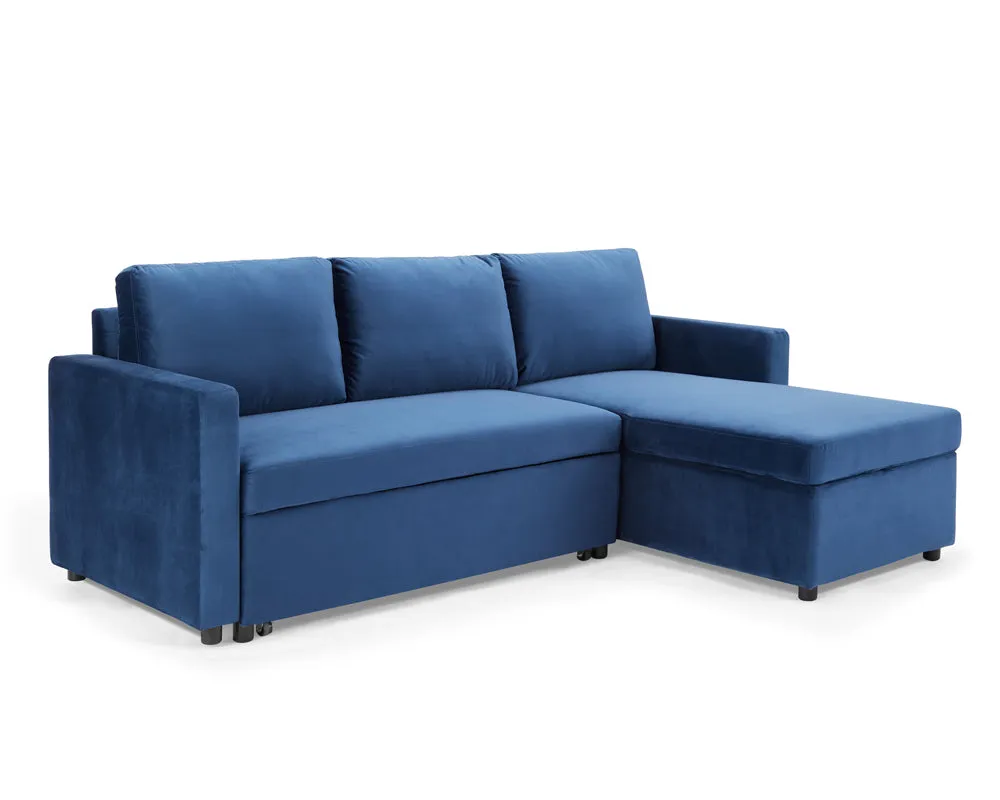 Dorset Fabric Pull-Out sofa Bed Reversible Chaise with Storage, Blue Velvet