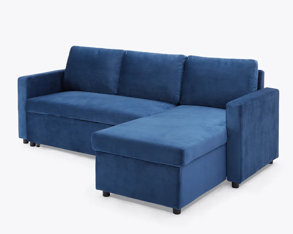 Dorset Fabric Pull-Out sofa Bed Reversible Chaise with Storage, Blue Velvet