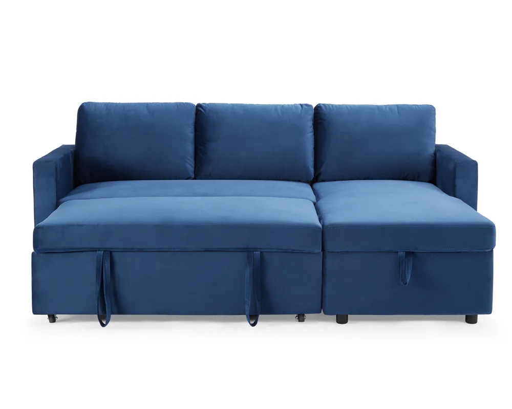 Dorset Fabric Pull-Out sofa Bed Reversible Chaise with Storage, Blue Velvet