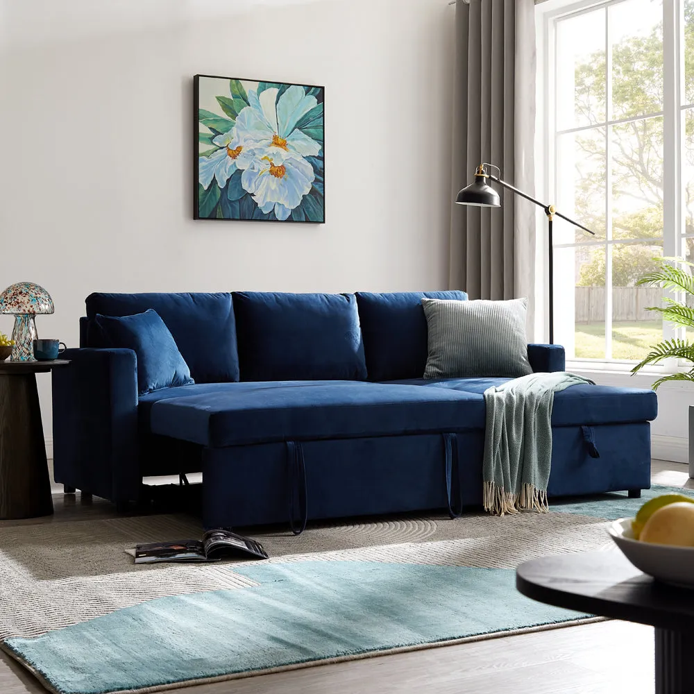 Dorset Fabric Pull-Out sofa Bed Reversible Chaise with Storage, Blue Velvet