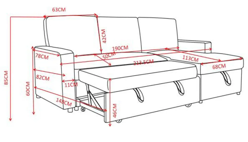 Dorset Fabric Pull-Out sofa Bed Reversible Chaise with Storage, Grey Velvet