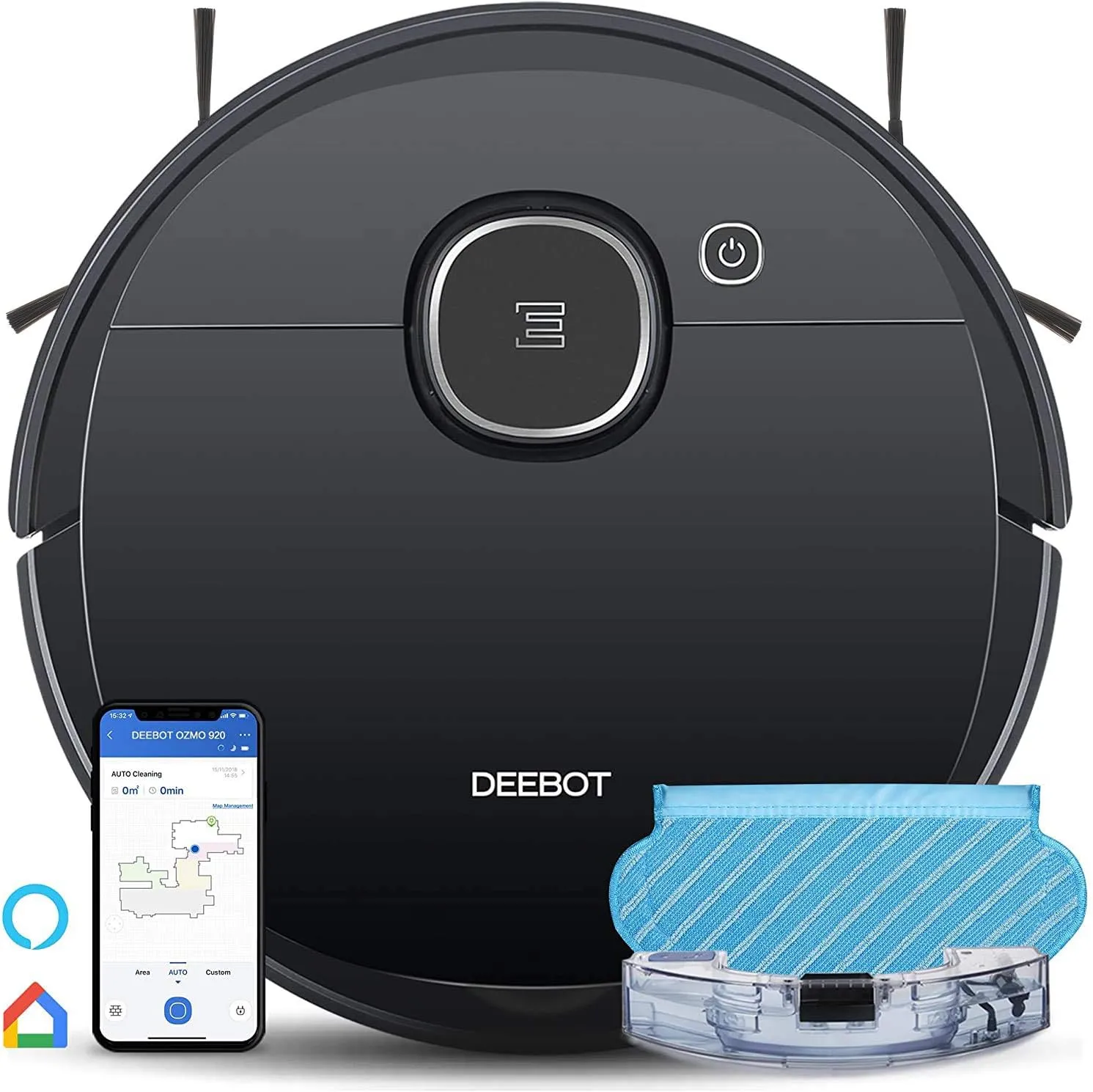 ECOVACS DEEBOT OZMO 920 2in1 Mopping Robotic Vacuum with Laser Navigation, No-Go Zones, Systematic Cleaning, Multi-Floor Mapping, Works with Alexa & App, Large, Black