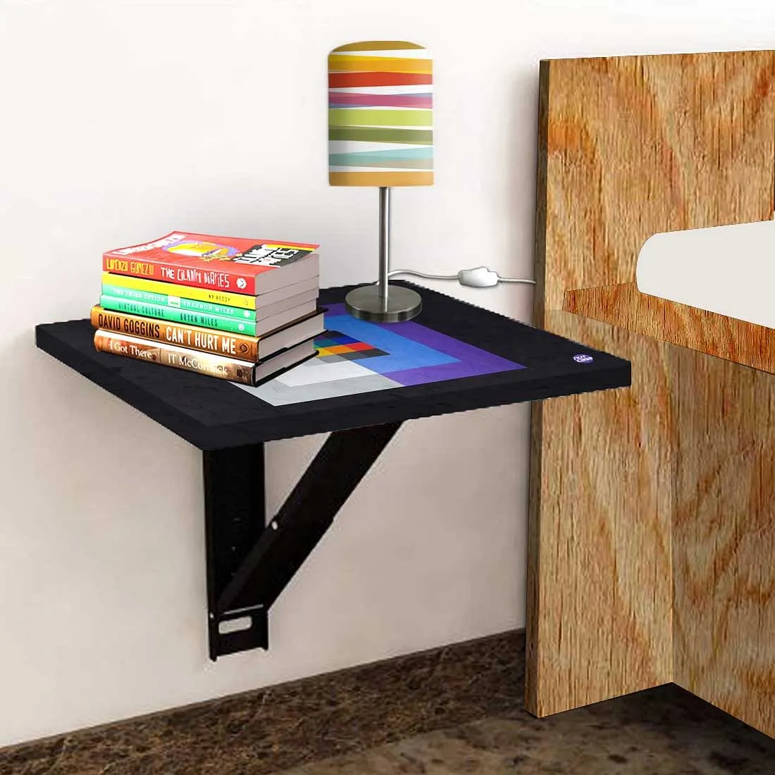 Fold Down Wall Mount Night Table With Desk -  Blue Box Pattern