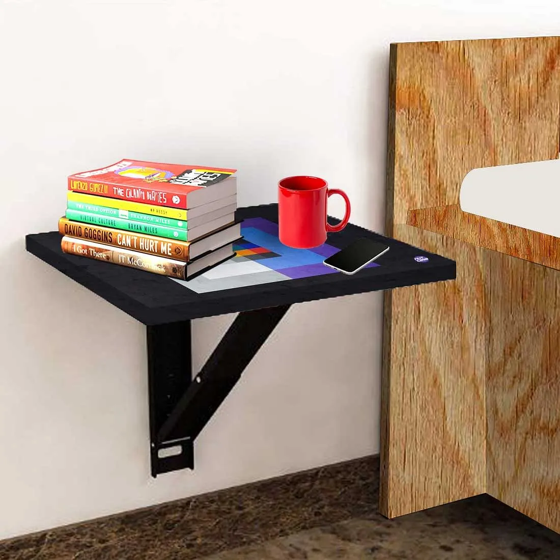 Fold Down Wall Mount Night Table With Desk -  Blue Box Pattern