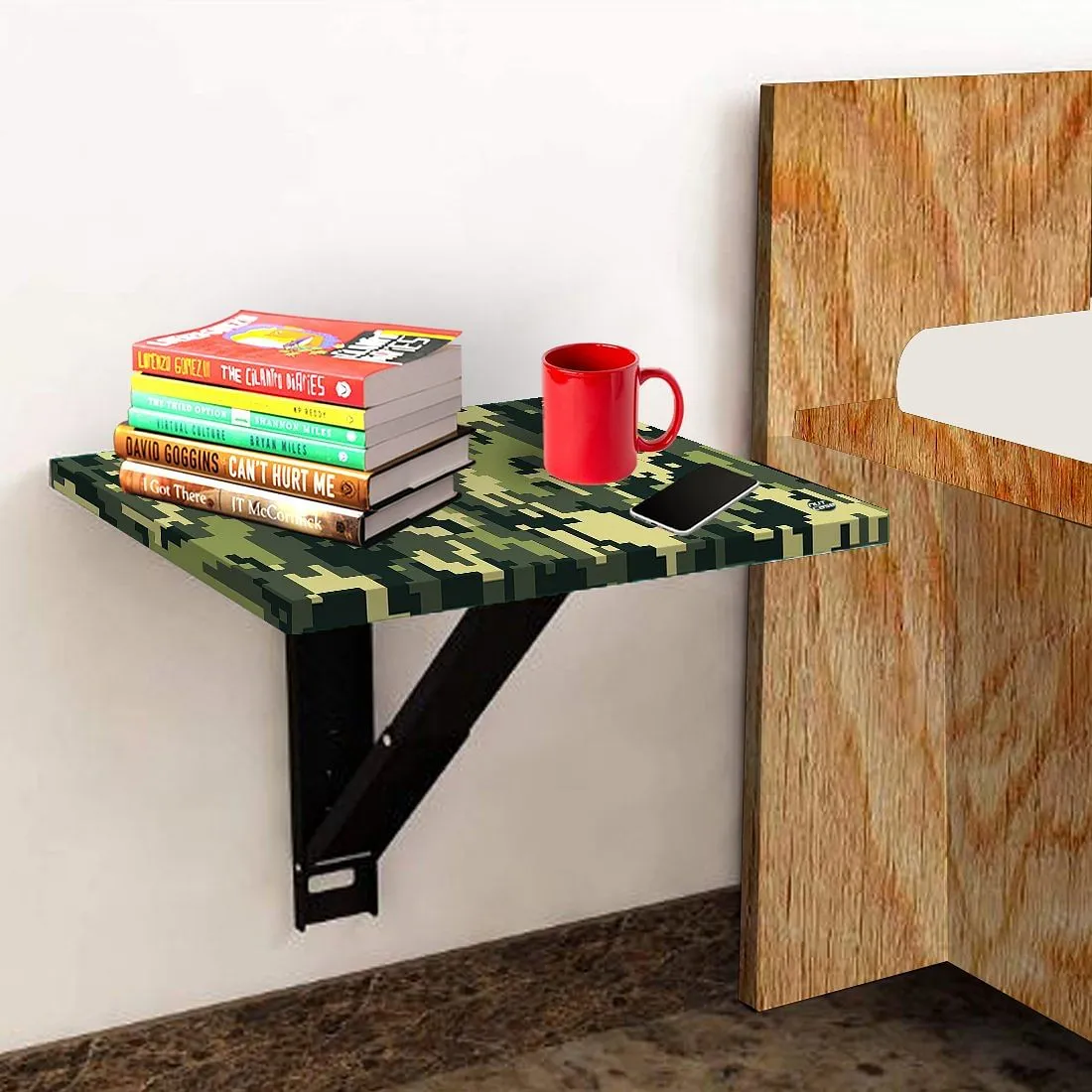 Fold Down Wall Mounted Folding Bedside Table With Desk - 8 Bit Camouflage