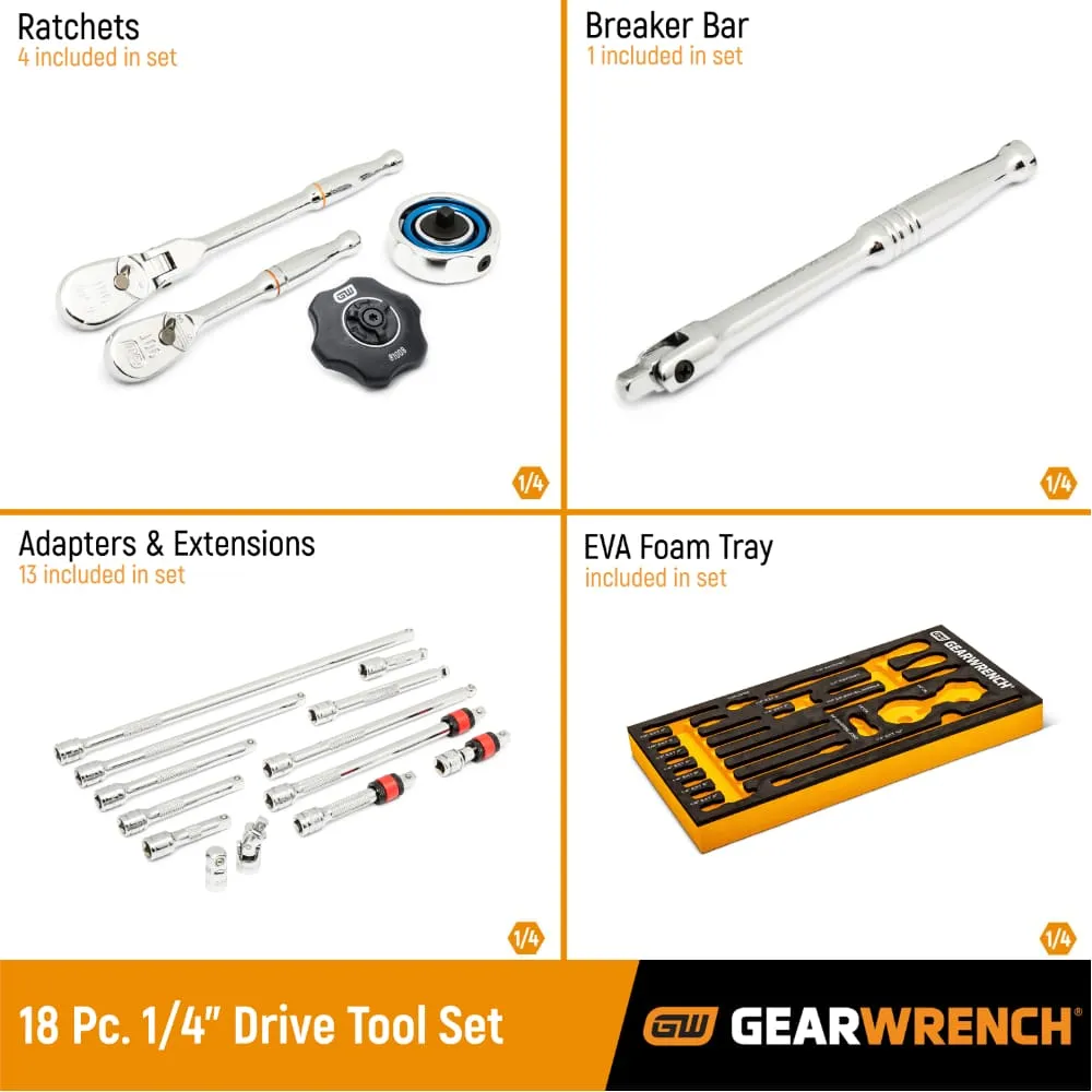 GearWrench 86520 18 Pc. 1/4" 90-Tooth Ratchet & Drive Tool Set with EVA Foam Tray