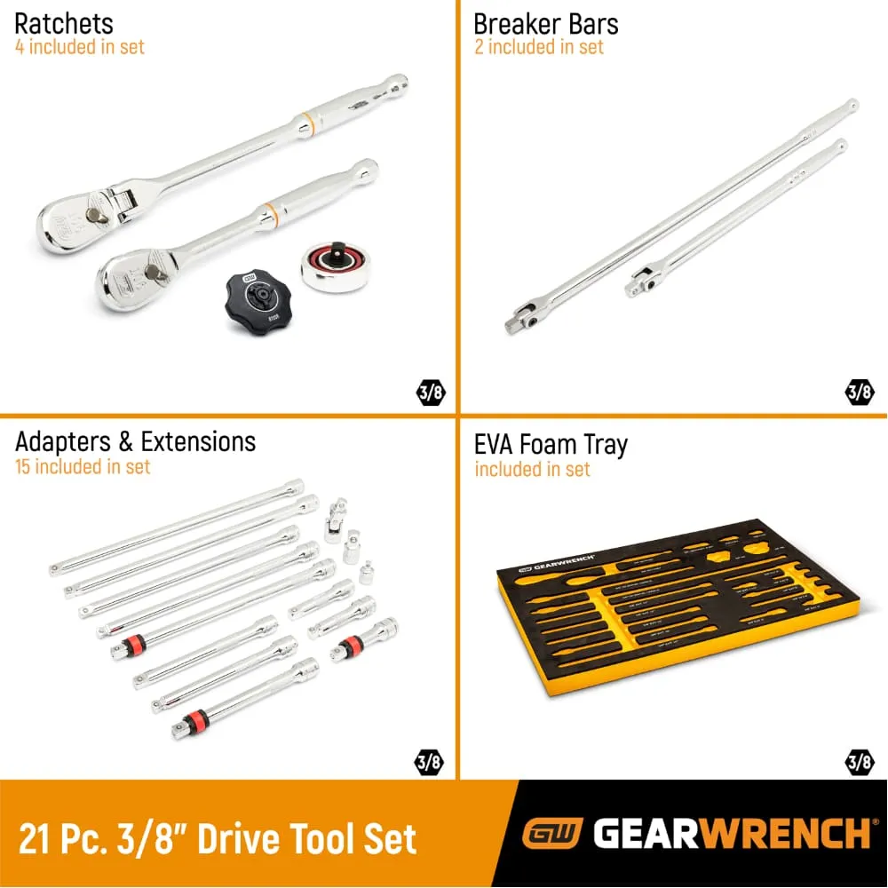 GearWrench 86521 21 Pc. 3/8" 90-Tooth Ratchet & Drive Tool Set with EVA Foam Tray