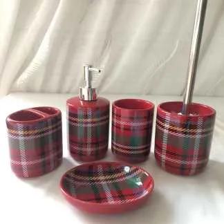 Green Plaid Ceramic Bathroom Accessory Set