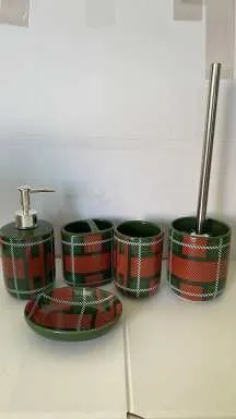 Green Plaid Ceramic Bathroom Accessory Set