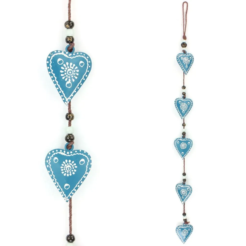 Hanging Mobile Decoration String of Hearts - Teal - Brown String