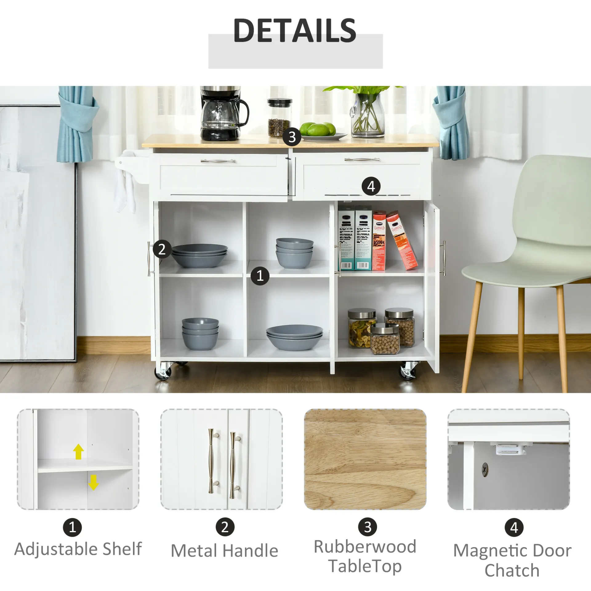 HOMCOM Kitchen Island Utility Cart: Multi-Storage with Drawers & Cabinets, Sleek White Design