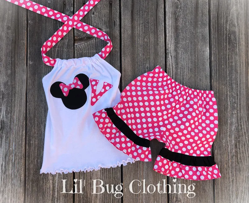 Hot Pink White Dot Minnie Mouse Short Set