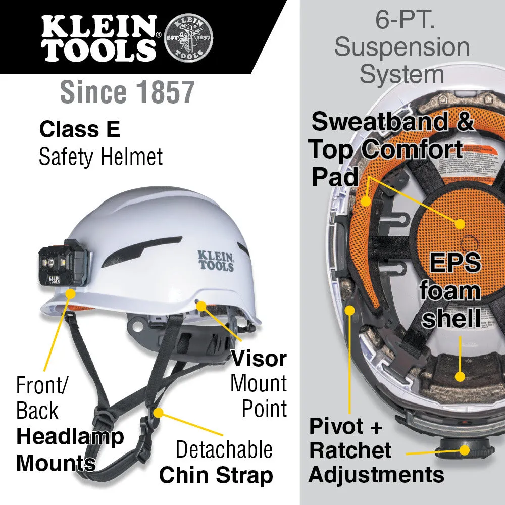 Klein 60525 Safety Helmet, Type-2, Non-Vented Class E, with Rechargeable Headlamp