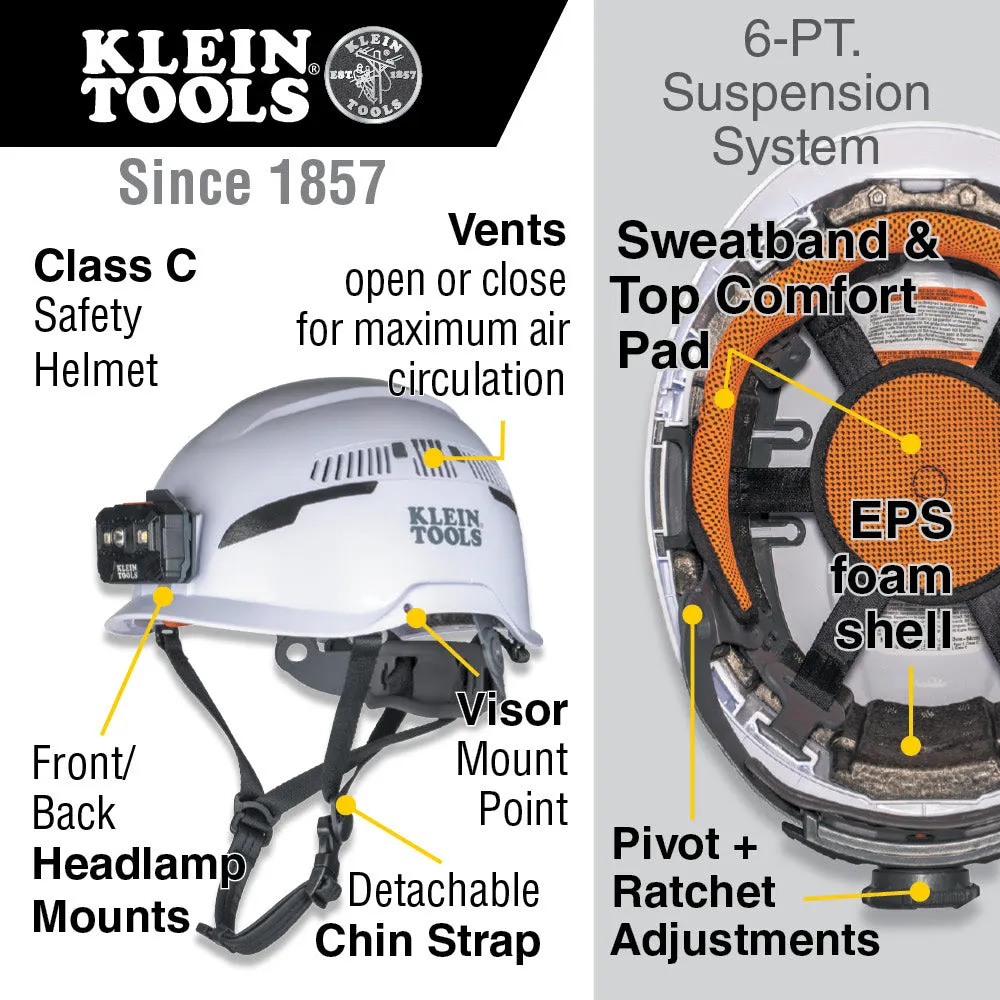 Klein 60526 Safety Helmet, Type-2, Vented Class C, with Rechargeable Headlamp