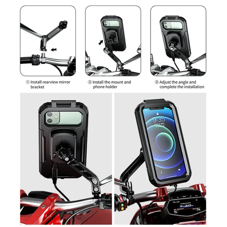 M18L-A2 Motorcycle / Bicycle Rearview Mirror Wireless Charging Waterproof Box Mobile Phone Holder