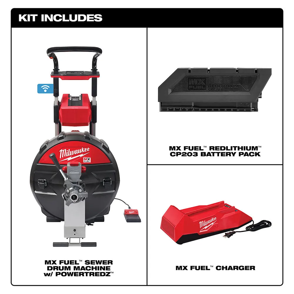 Milwaukee MXF501-1CP MX FUEL POWERTREDZ Sewer Drum Machine Drain Cleaner Kit w/ Battery and Charger