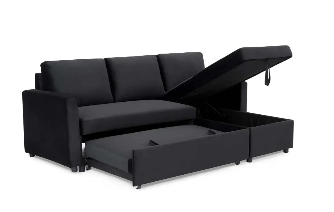 Oliver 3 Seater Reversible Chaise Sofa Bed - Black Velvet