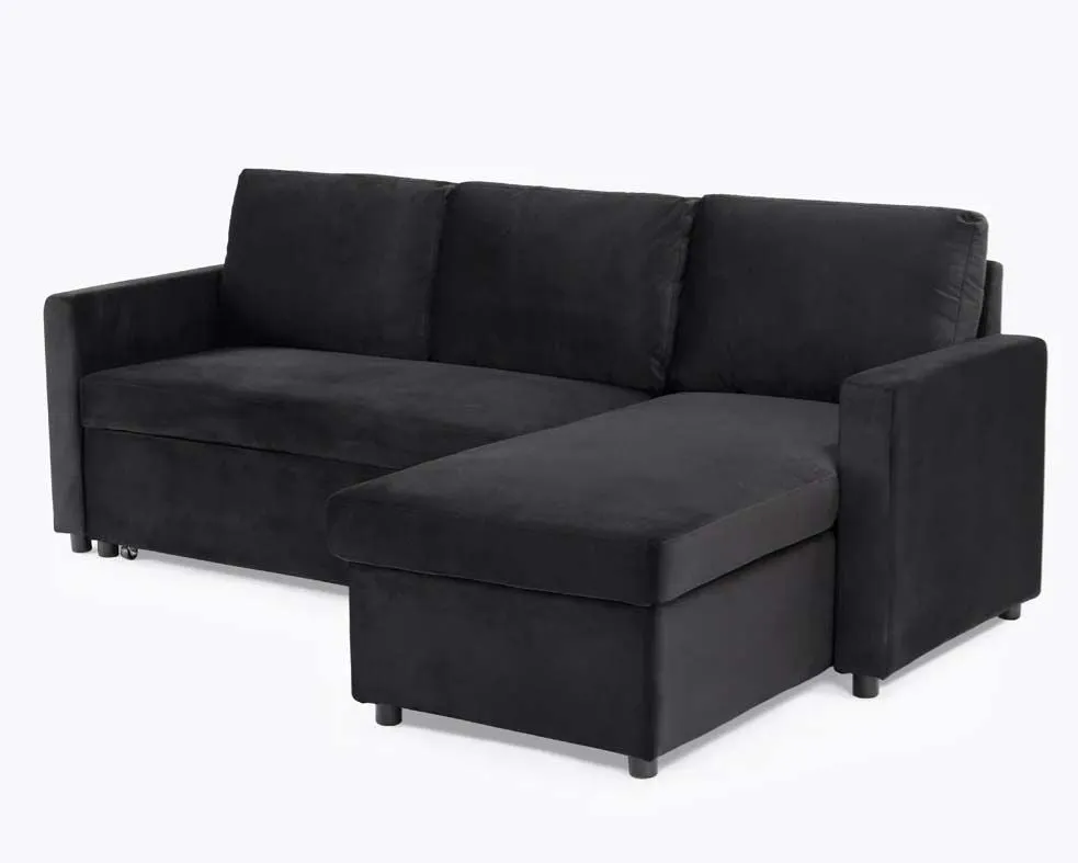 Oliver 3 Seater Reversible Chaise Sofa Bed - Black Velvet