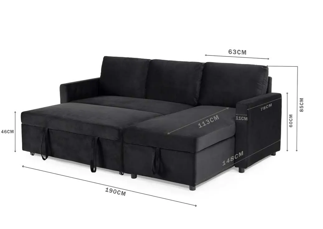 Oliver 3 Seater Reversible Chaise Sofa Bed - Black Velvet