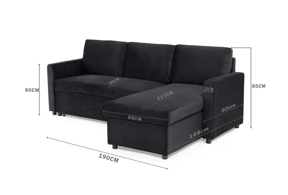 Oliver 3 Seater Reversible Chaise Sofa Bed - Black Velvet