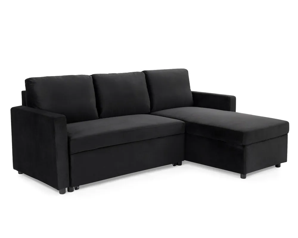 Oliver 3 Seater Reversible Chaise Sofa Bed - Black Velvet