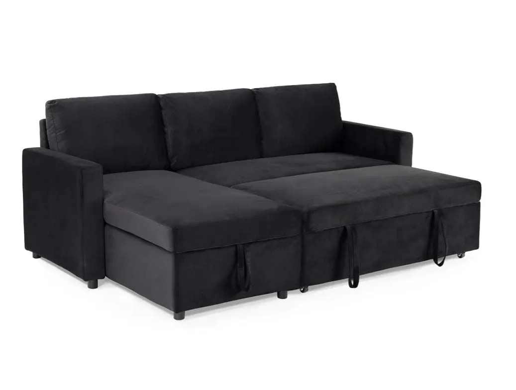 Oliver 3 Seater Reversible Chaise Sofa Bed - Black Velvet